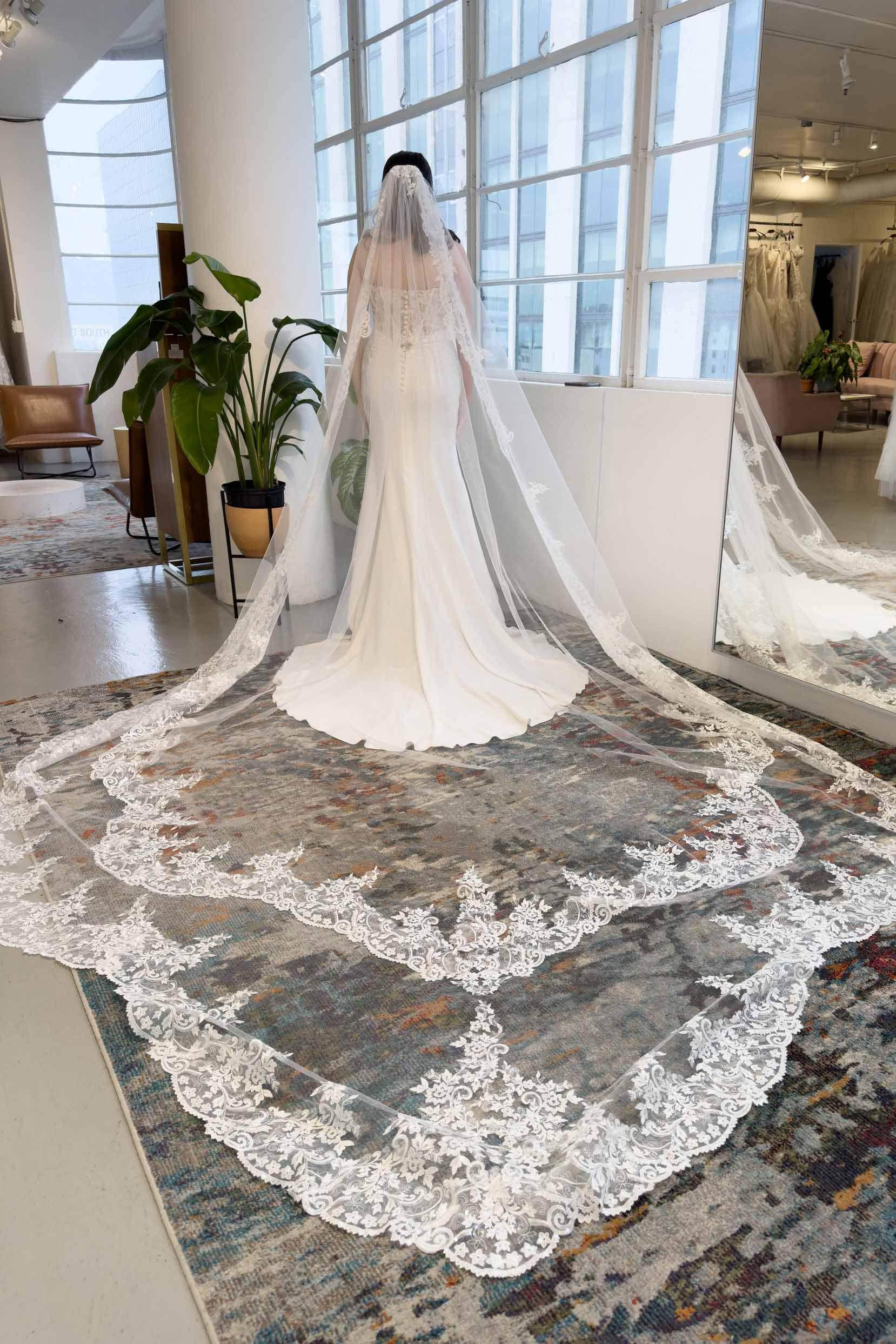 One-tier Lace Edge Tulle Cathedral Veils with Appliques CV0333 - COCOMELODY